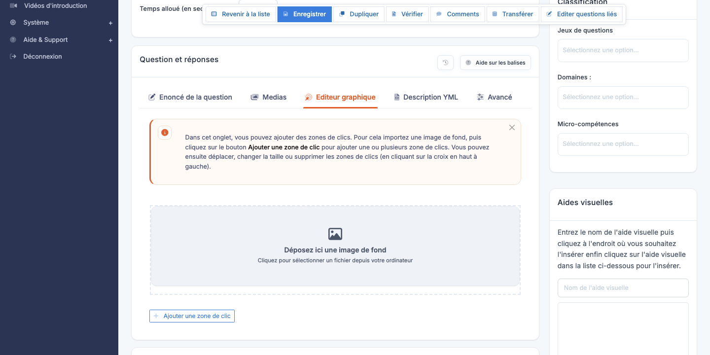 Éditeur d'une question Cliquer sur zone