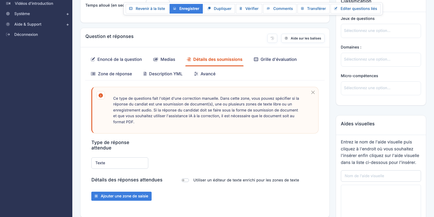 Éditeur d'une question Notation manuelle