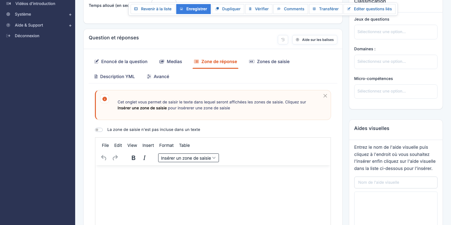 Éditeur d'une question Texte à trous (multi-input)