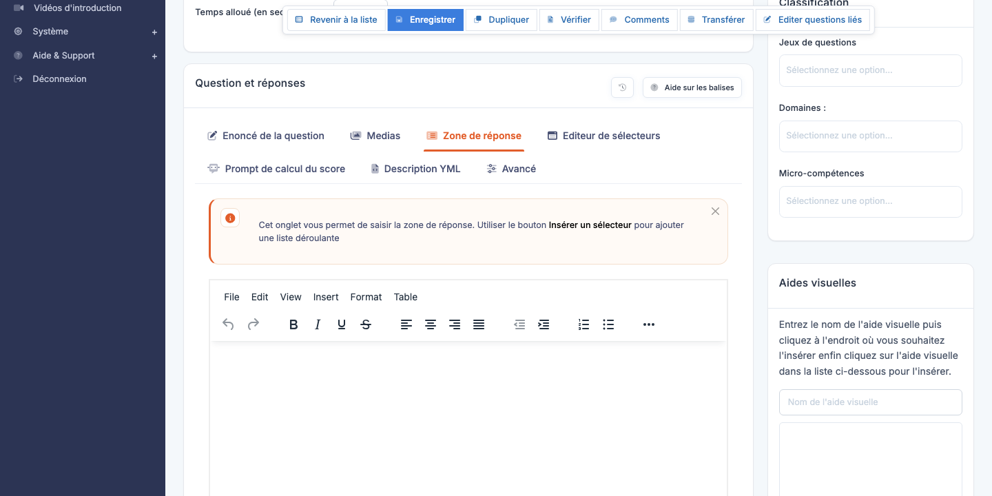 Éditeur d'une question Texte avec sélection