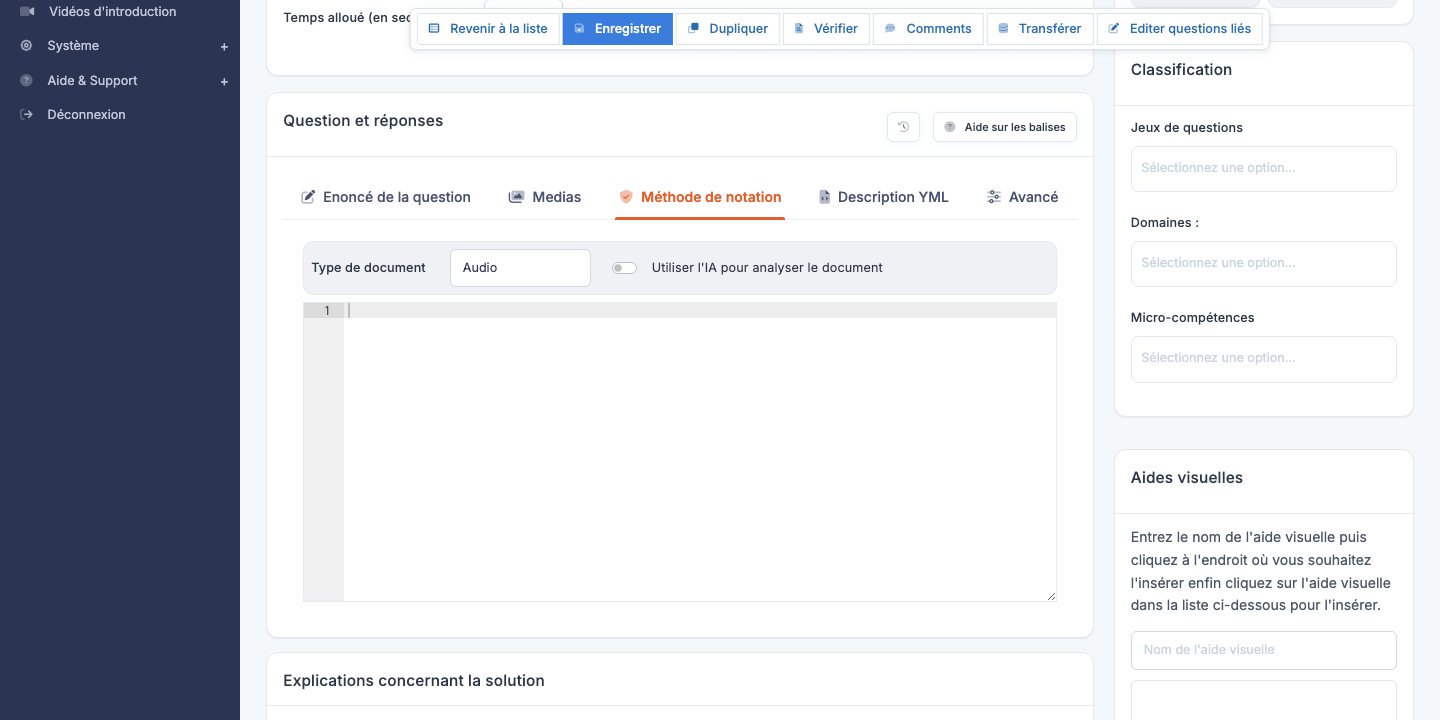 Éditeur d'une question Correction automatique par IA