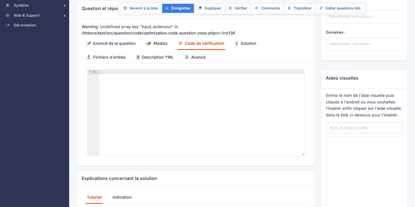 Éditeur d'une question Code d'optimisation
