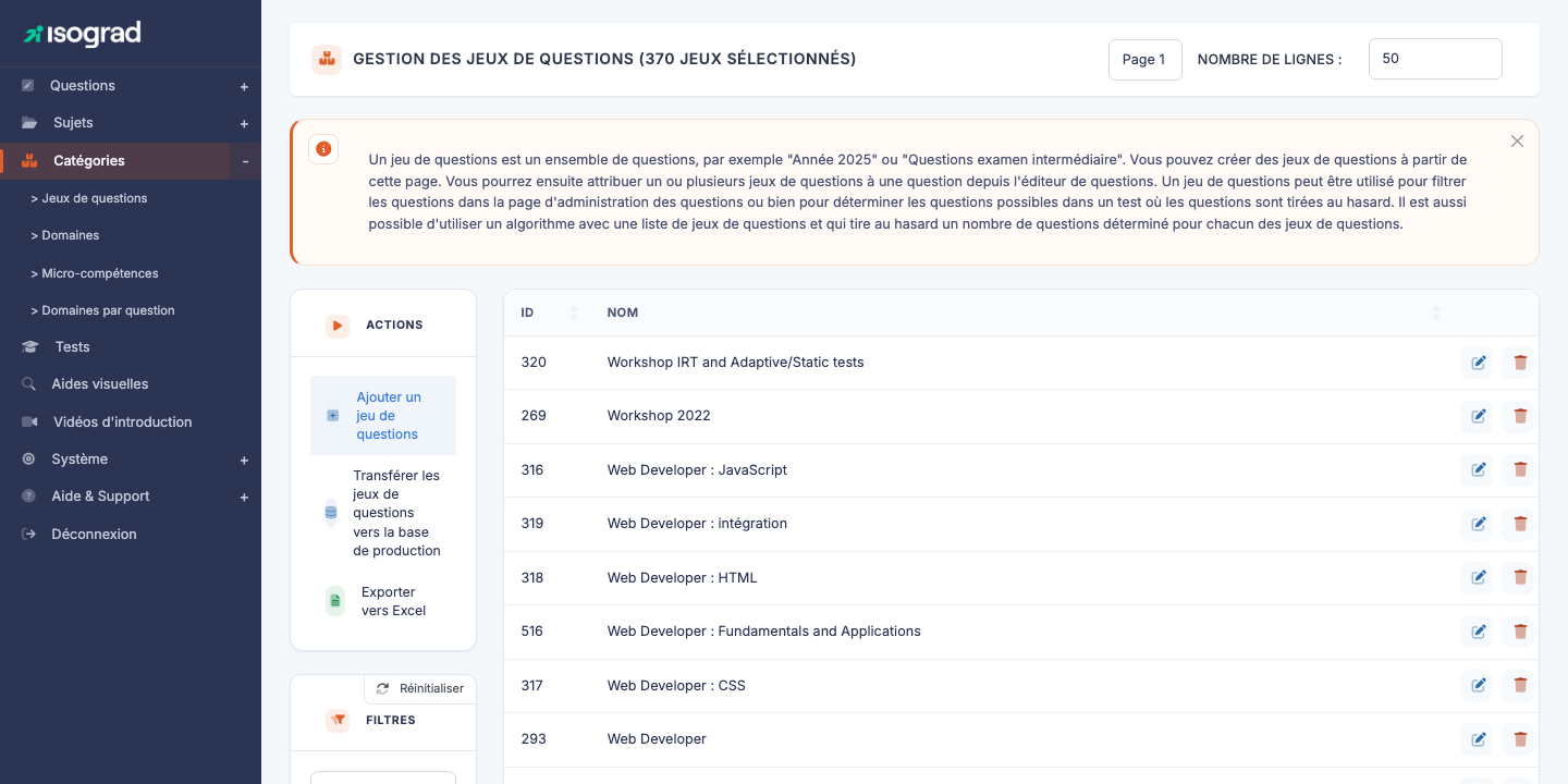 Page "Gestion des jeux de questions"