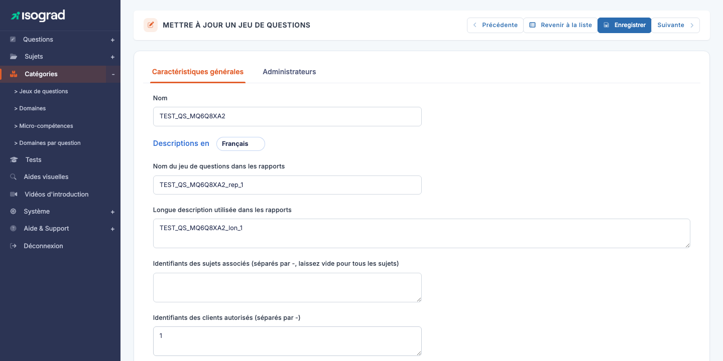 Onglets de la fiche d'un jeu de questions