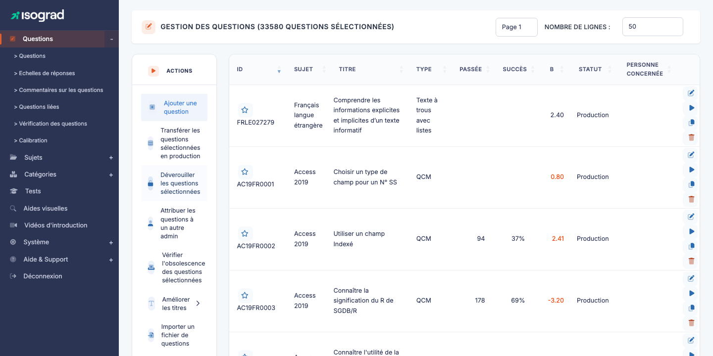 Page "Gestion des questions"