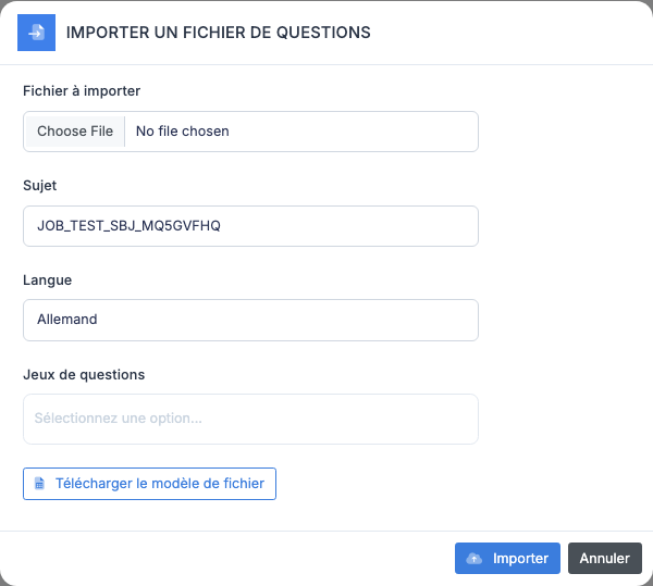 Fenêtre d'import de questions