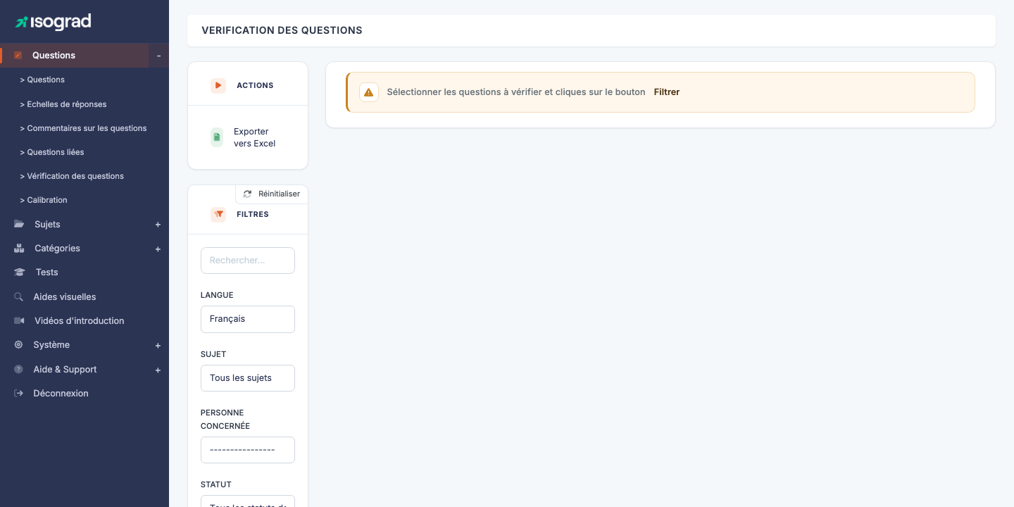 Page "Vérification des questions"