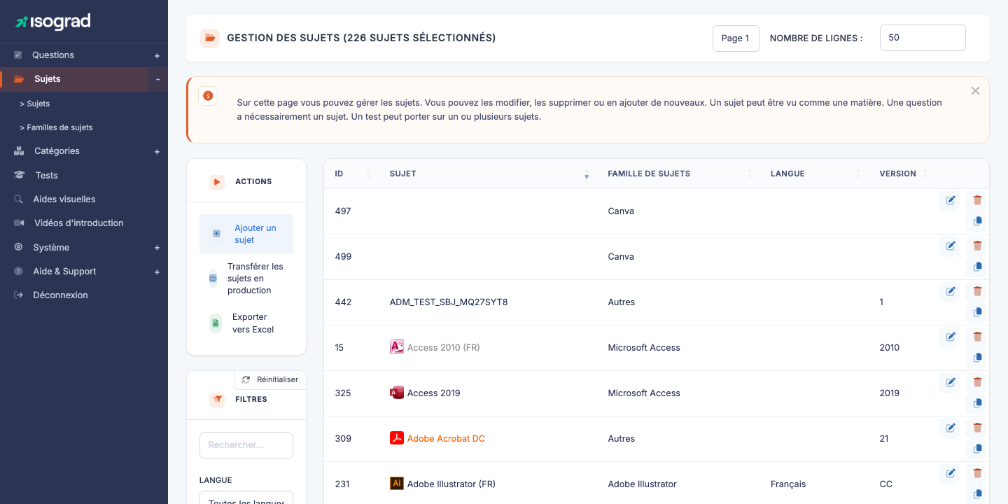 Page principale "Gestion des sujets"