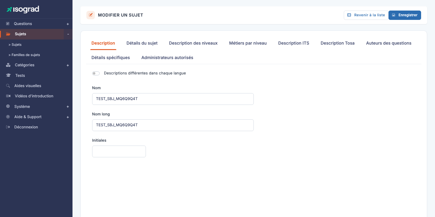 Onglets de la fiche d'un sujet