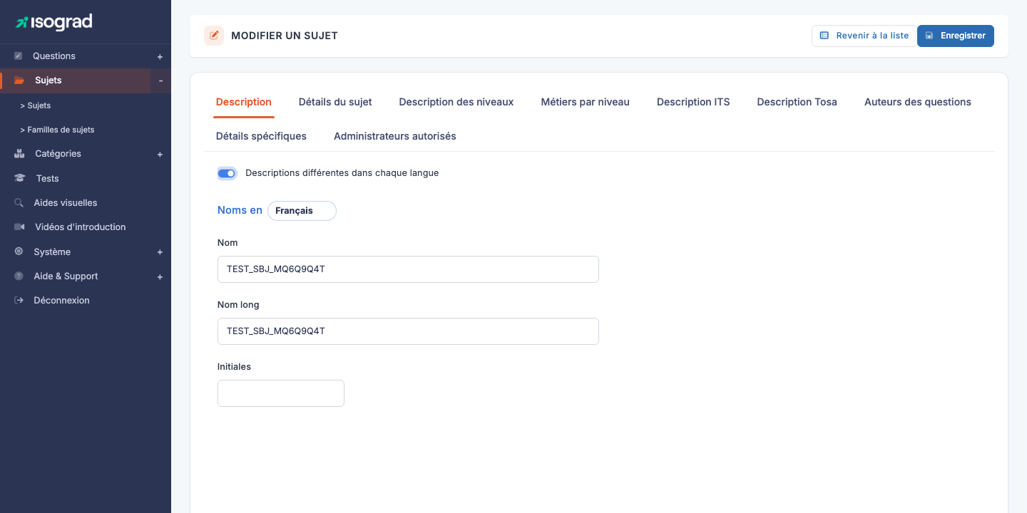 Onglet "Description" — mode multilingue activé