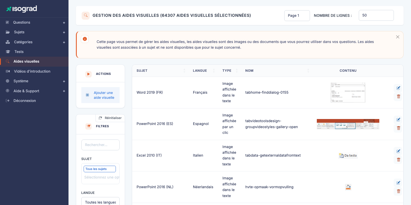 Page "Gestion des aides visuelles"
