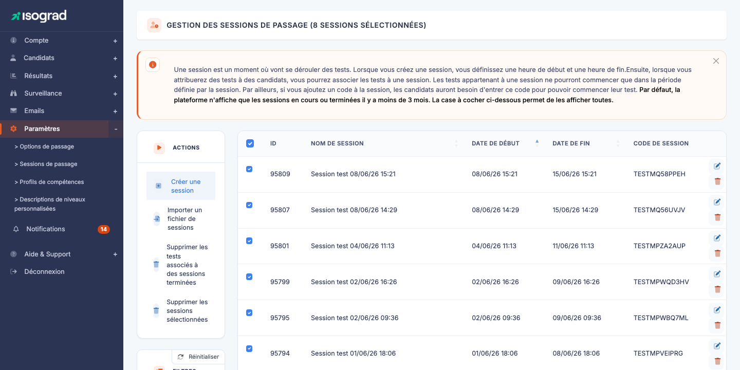 Page principale "Gestion des sessions"