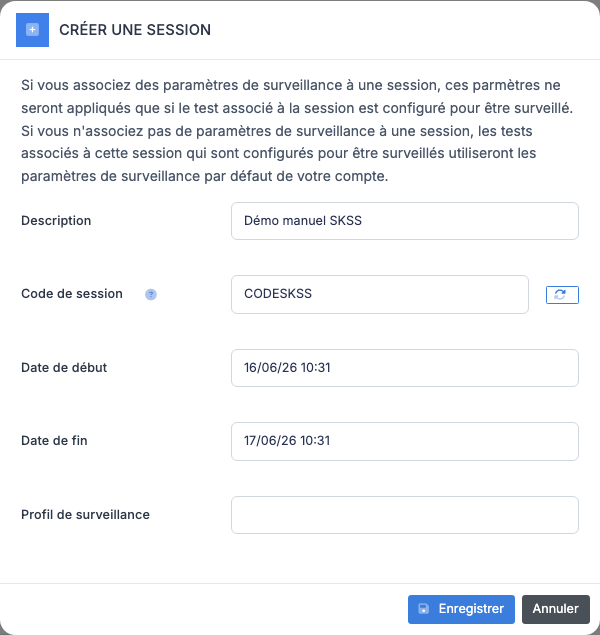 Formulaire de création d'une session