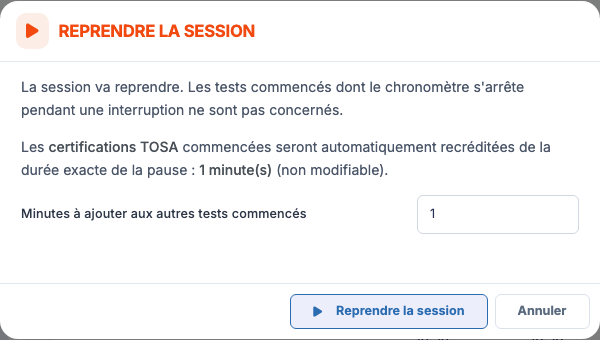 Fenêtre de reprise de session